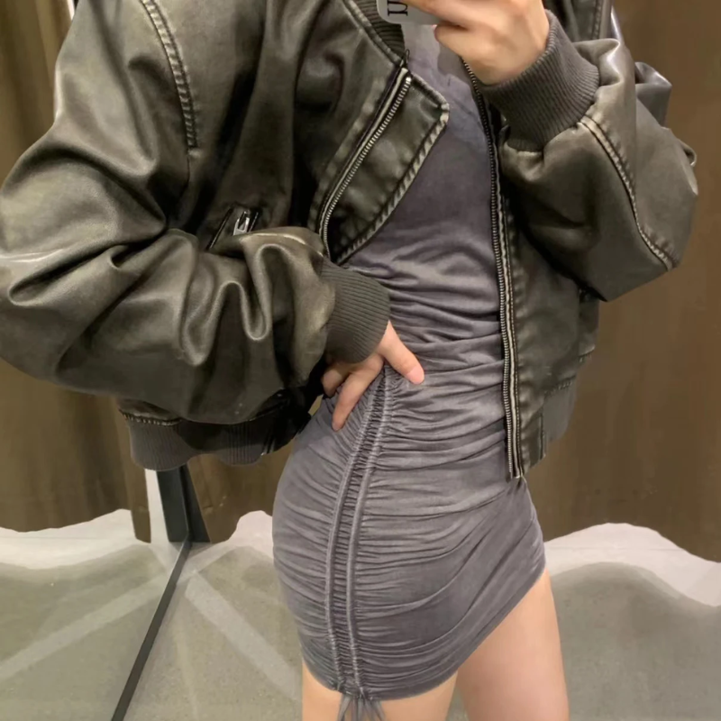 Damen Lederjacke Bombermodell mit gerippten Bündchen und Reißverschlusstaschen