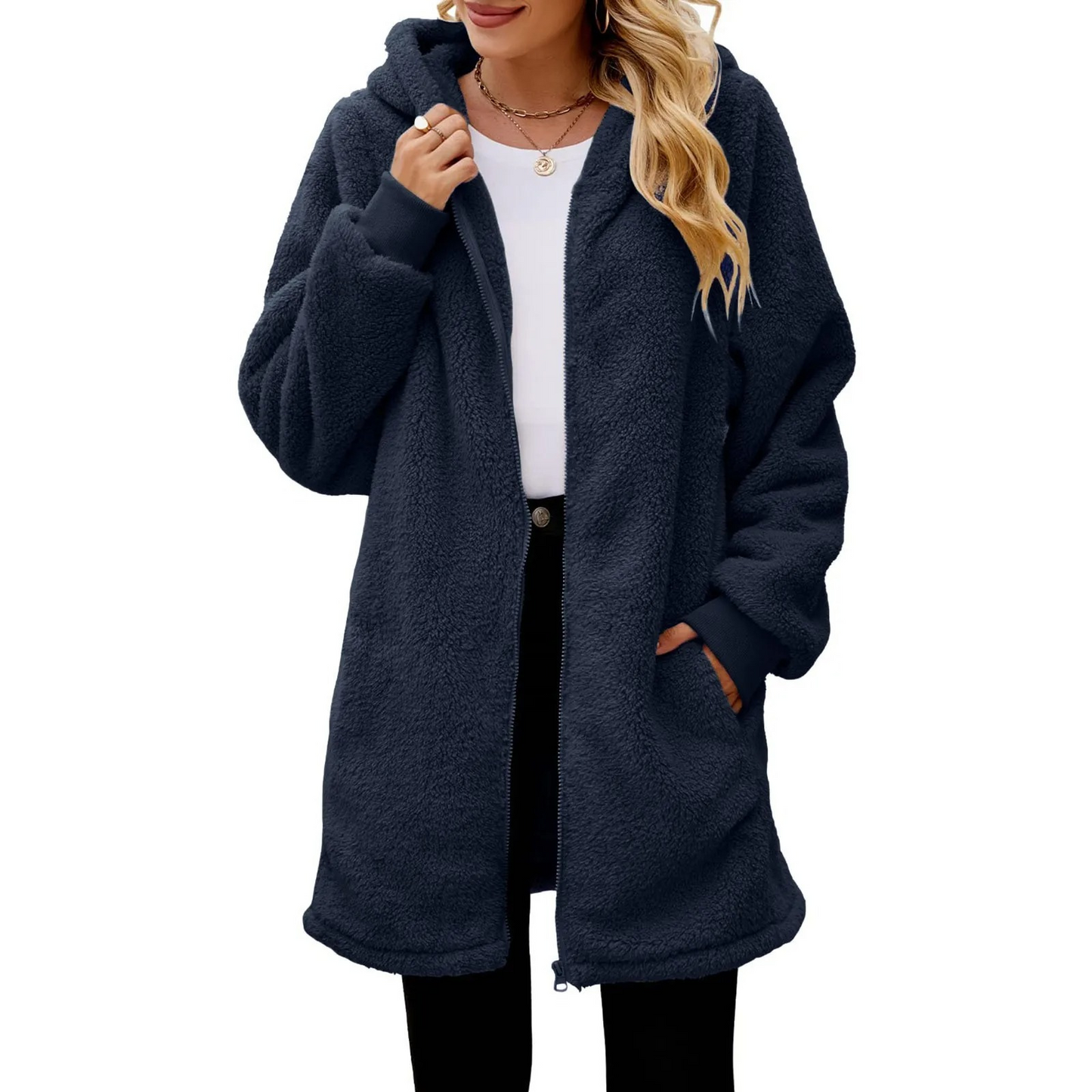 Trevalé - Langer Teddy-Jacke Damen mit Kapuze und Reißverschluss