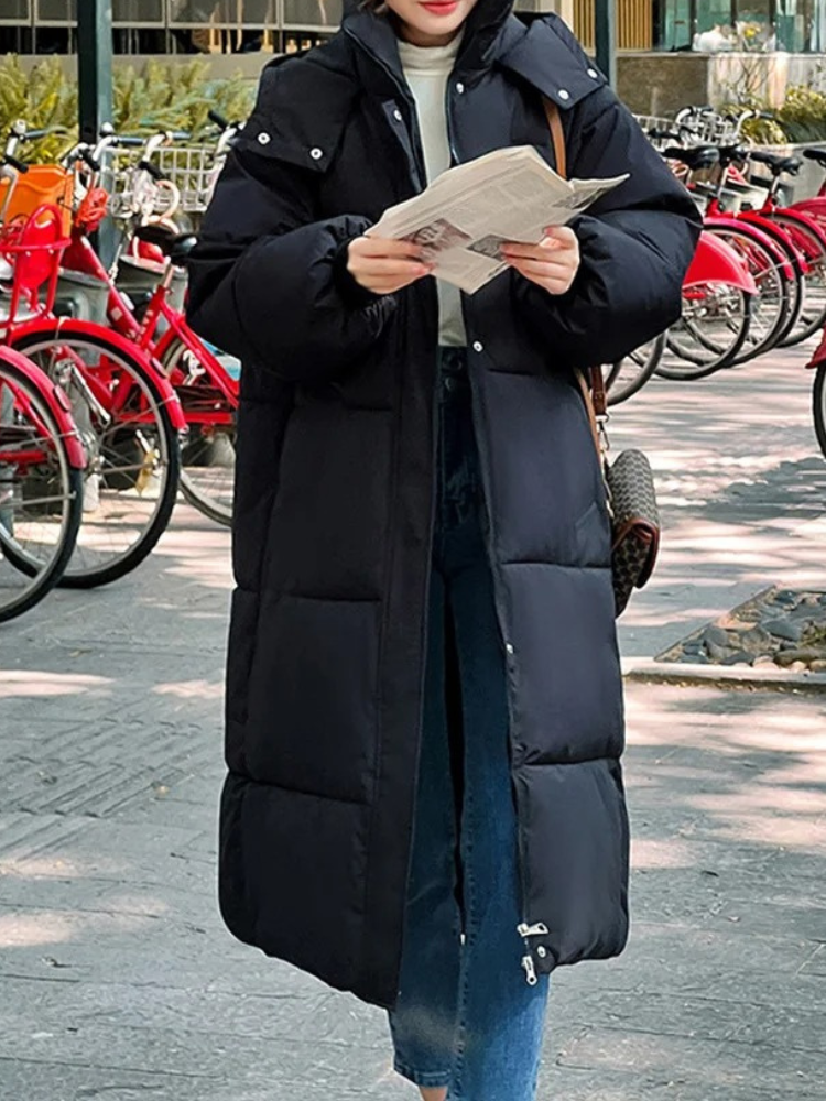 Damen Lange Oversized Steppwinterjacke mit Kapuze