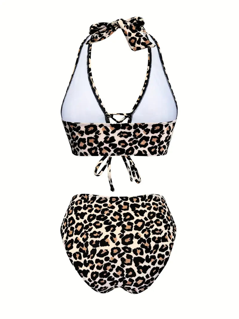 Damen Leoparden Print Halter Bikini Satz