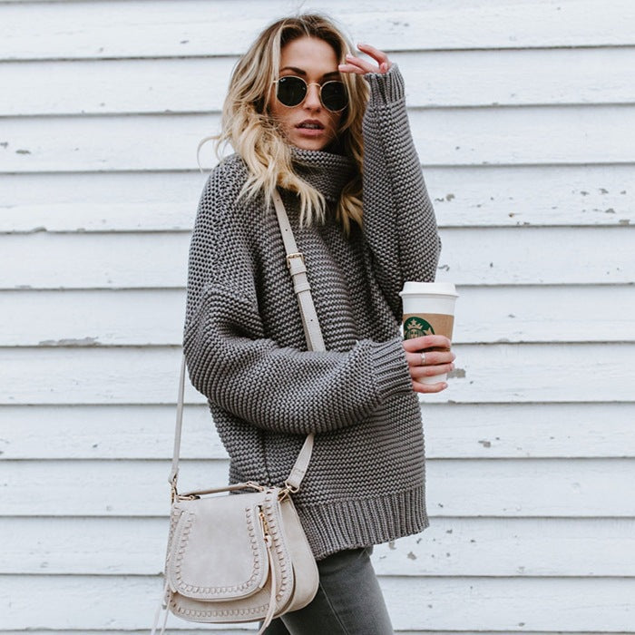 Damen Grobstrickpullover mit hohem Kragen und langen Ärmeln Fudus