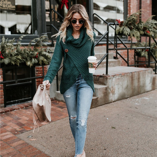 Damen Grobstrickjacke mit asymmetrischem Schnitt und großen Knöpfen Fudus