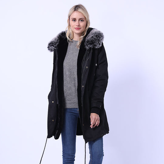 Damen Langmantel mit dekorativem Kunstfellkragen Fudus