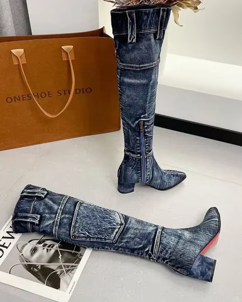 Damen Kniehohe Stiefel Blockabsatz Modisch