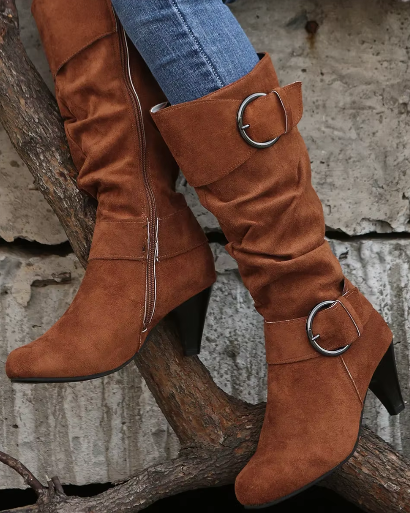 Damen Stiefel Absatz Wildlederlook Schnallen Reißverschluss