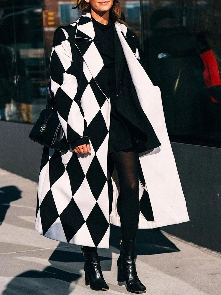 Damen Eleganter Langarm Revers Wollmantel