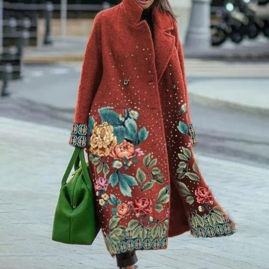 Damen Eleganter Langarm Revers Wollmantel