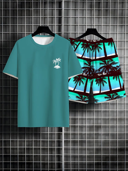 Damen Sommer Satz Aus T-shirt und Kurzer Hose mit Palmenprint