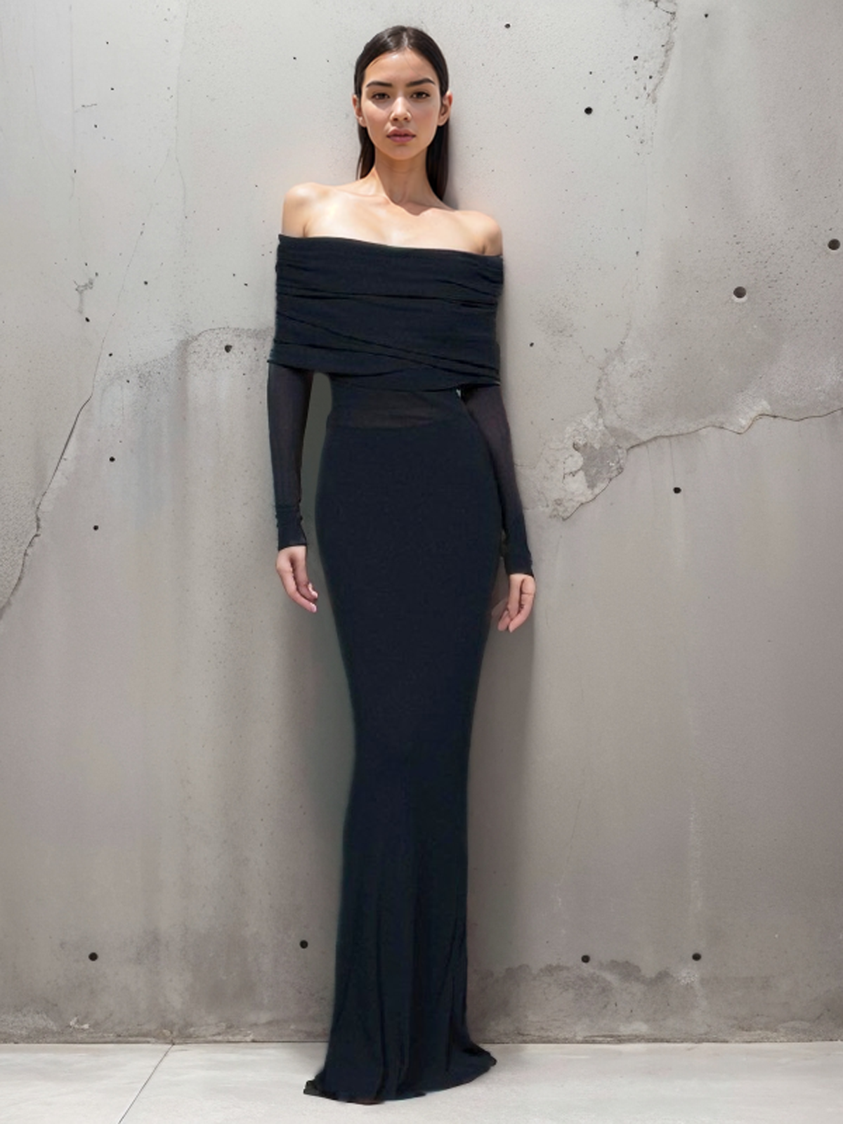 Kleid Off-Shoulder Mesh Langarm Lang