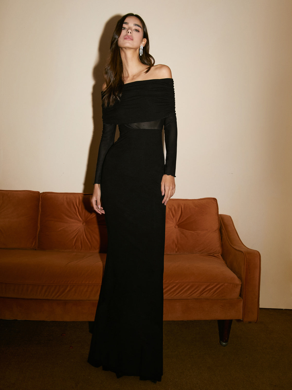 Kleid Off-Shoulder Mesh Langarm Lang