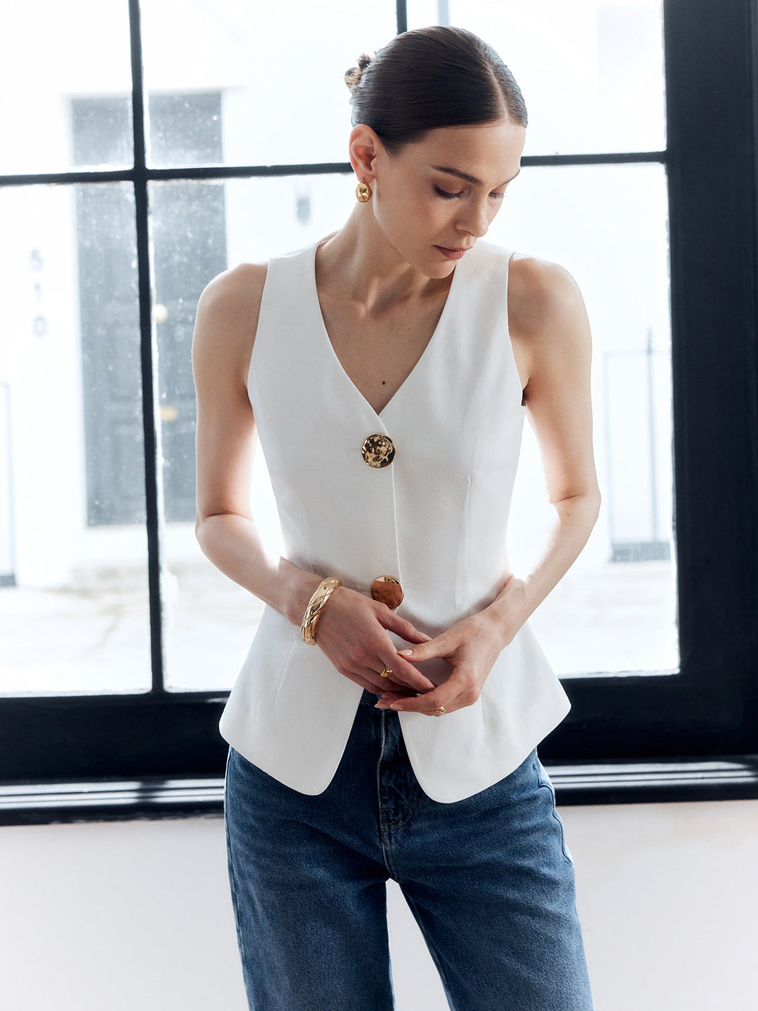 Damen Baumwolle Leinen Weste Mit Metallknöpfen