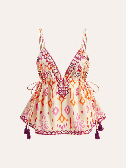 Damen Bestickte Boho Quastenbinder Cami Top