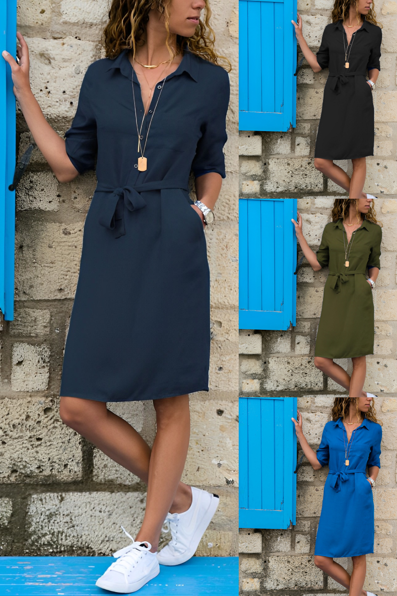 Fudus Damen Halbarm Taschenkleid Mit Gürtel Midi Elegant und Modern