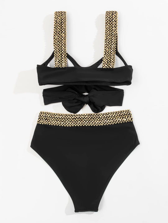 Damen Bikini Gold mit Überkreuzten Trägern und Hoher Taille