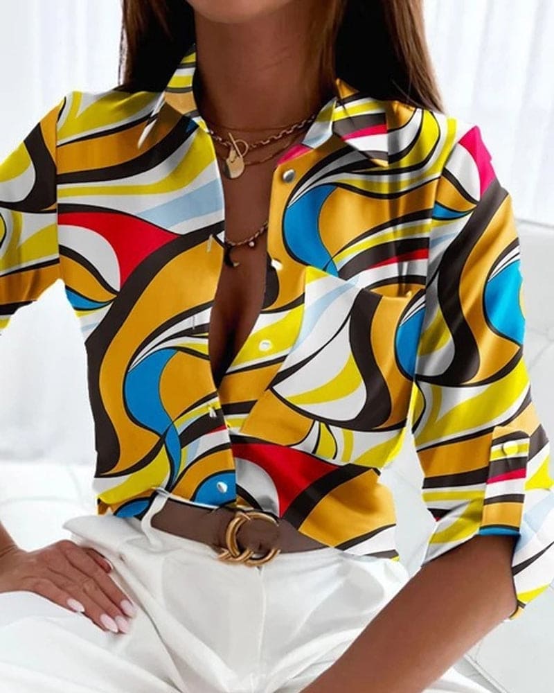 Damenbluse Bedruckt Halbe Ärmel Mit Knopfleiste