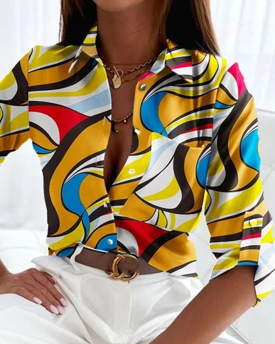 Damenbluse Bedruckt Halbe Ärmel Mit Knopfleiste