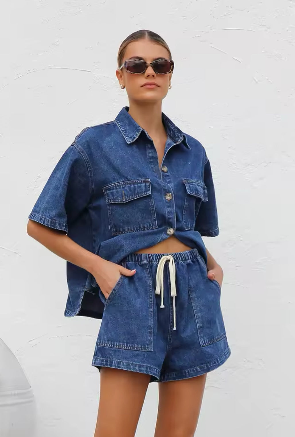 Jeans Set Lässig Übergröße Hemd Shorts
