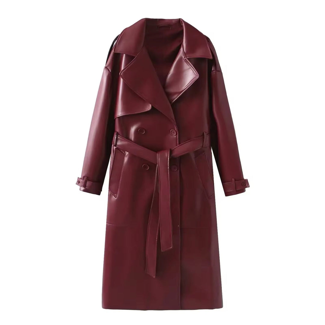 Damen Eleganter Leder Trenchcoat Herbst Chic