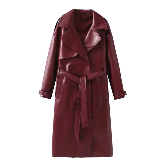 Damen Eleganter Leder Trenchcoat Herbst Chic