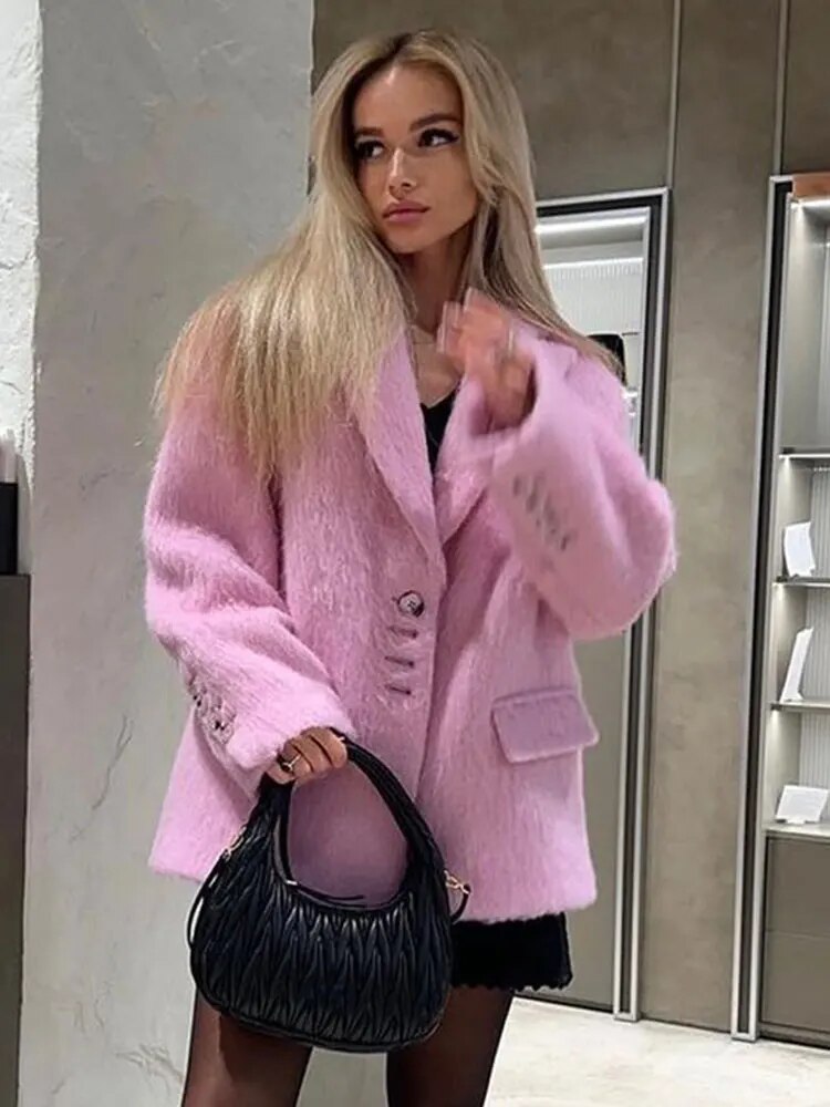 Fudus - Blazer Jacke - Rosa Plüsch - Revers Langarm Knopf - Winter