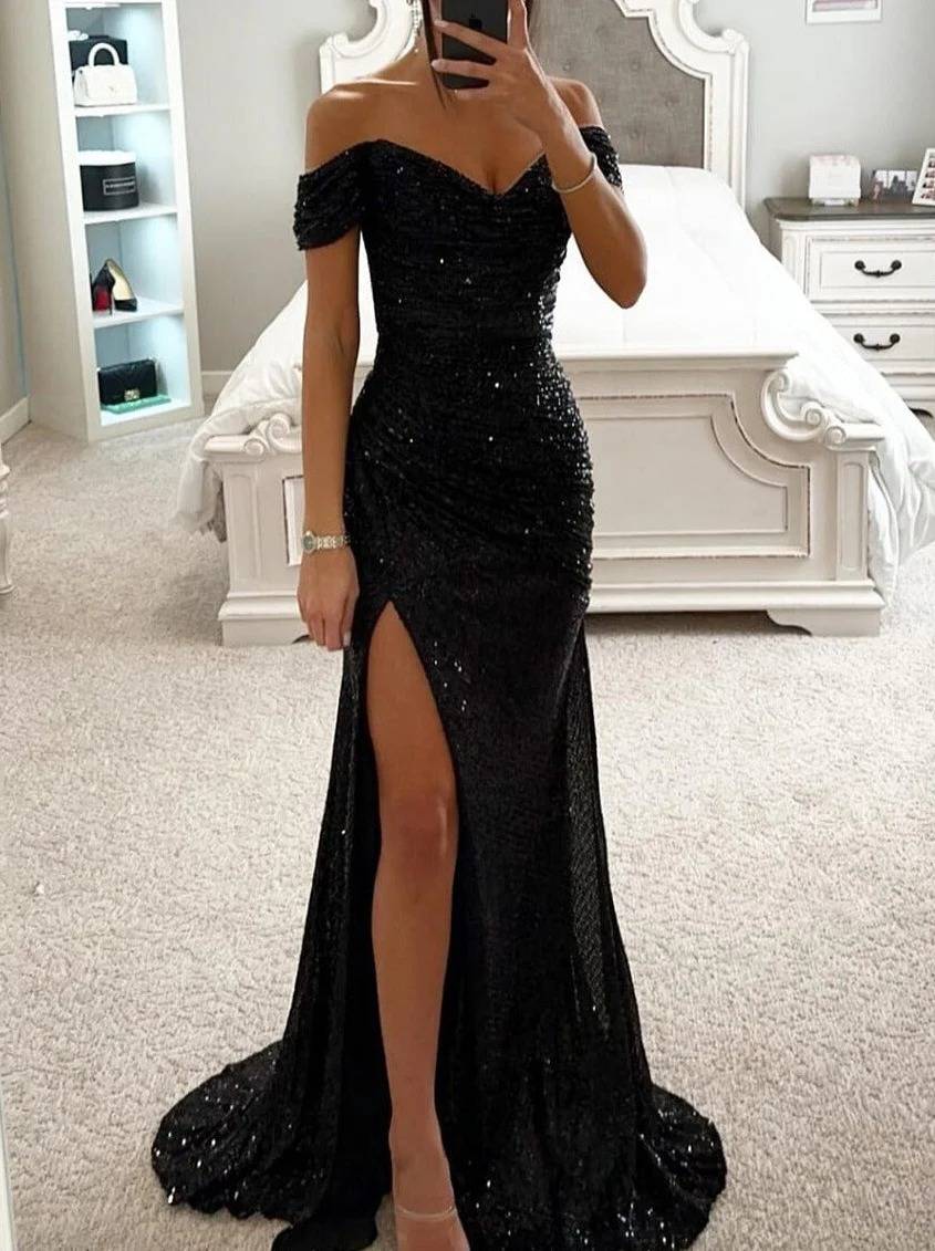 Fudus | Lange Kleid Bustier Glänzende Pailletten Schlitz an der Seite Meerjungfrau Bootsausschnitt Ohne Ärmel Damen Elegant Abend Zeremonie