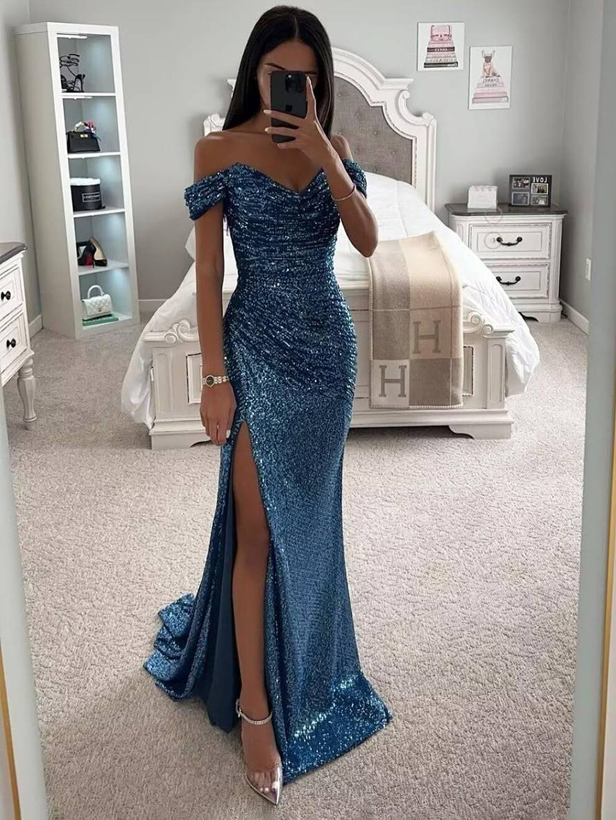 Fudus | Lange Kleid Bustier Glänzende Pailletten Schlitz an der Seite Meerjungfrau Bootsausschnitt Ohne Ärmel Damen Elegant Abend Zeremonie