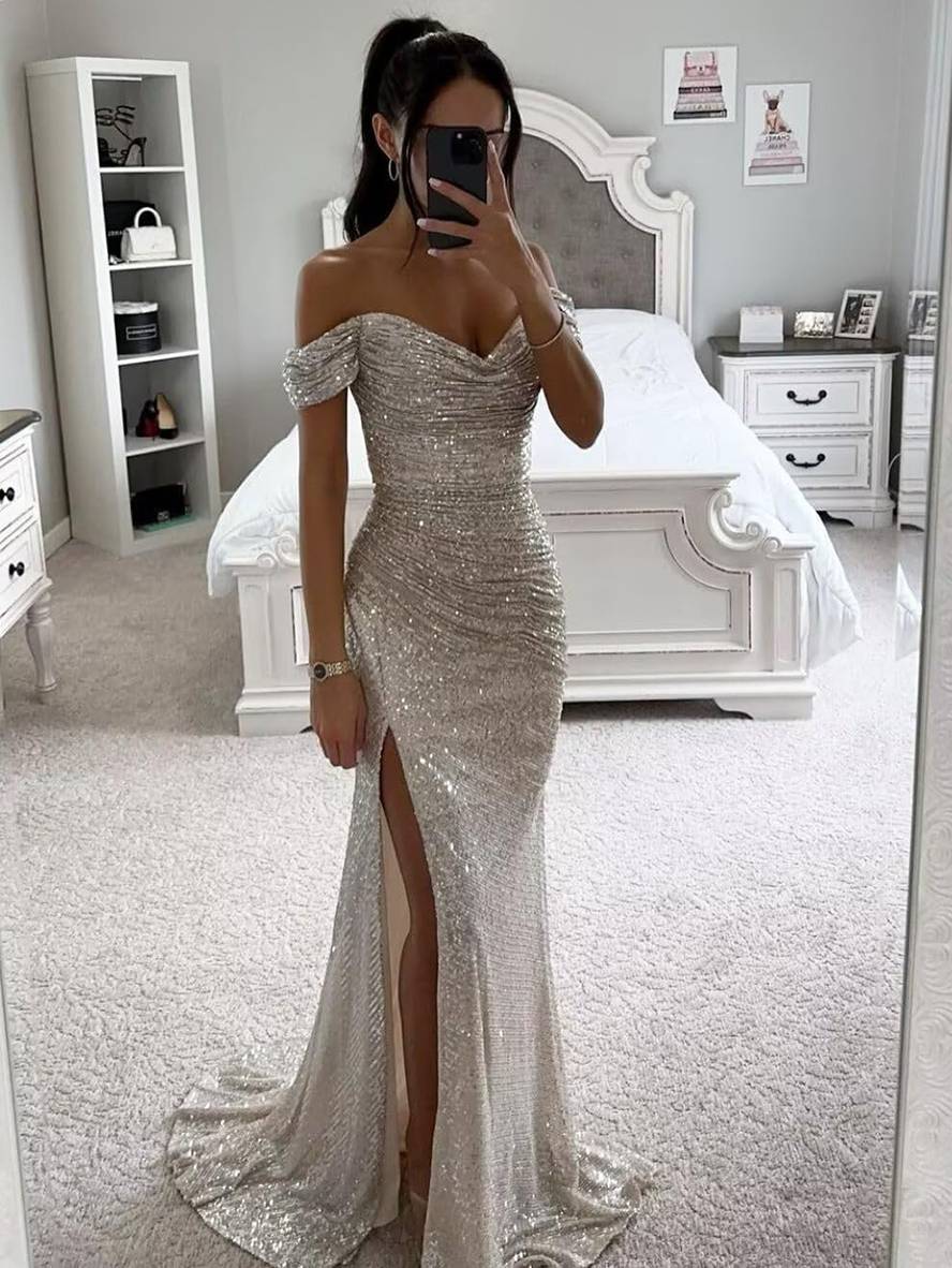 Fudus | Lange Kleid Bustier Glänzende Pailletten Schlitz an der Seite Meerjungfrau Bootsausschnitt Ohne Ärmel Damen Elegant Abend Zeremonie