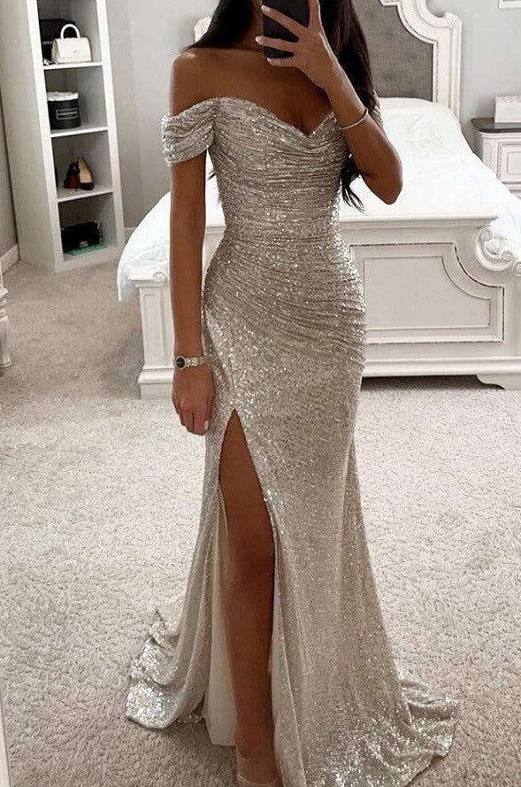 Fudus | Lange Kleid Bustier Glänzende Pailletten Schlitz an der Seite Meerjungfrau Bootsausschnitt Ohne Ärmel Damen Elegant Abend Zeremonie