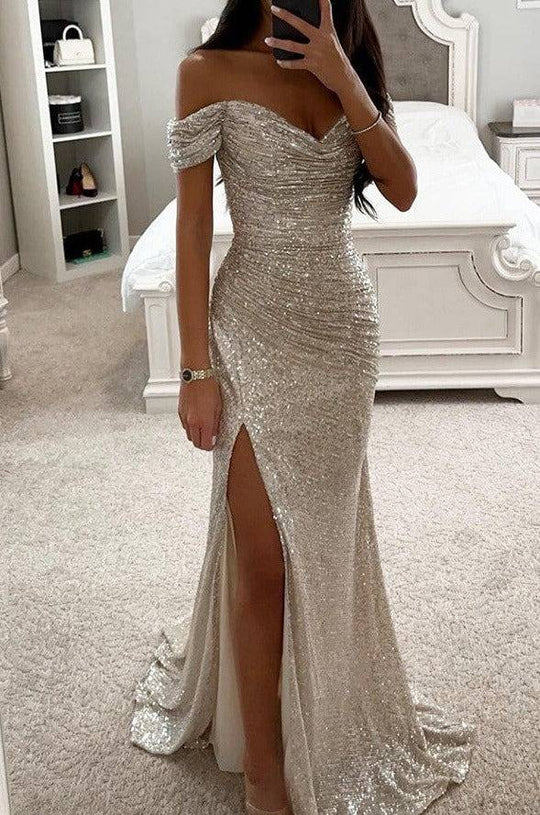 Fudus | Lange Kleid Bustier Glänzende Pailletten Schlitz an der Seite Meerjungfrau Bootsausschnitt Ohne Ärmel Damen Elegant Abend Zeremonie