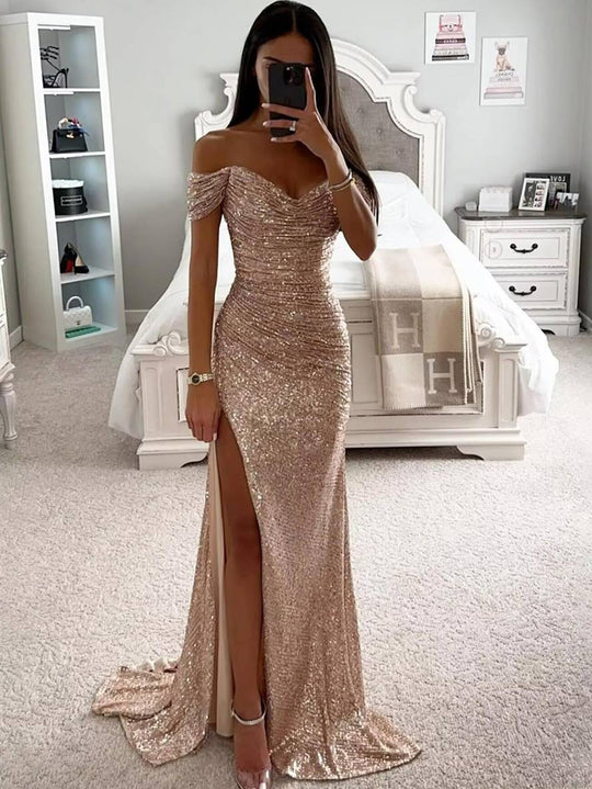 Fudus | Lange Kleid Bustier Glänzende Pailletten Schlitz an der Seite Meerjungfrau Bootsausschnitt Ohne Ärmel Damen Elegant Abend Zeremonie