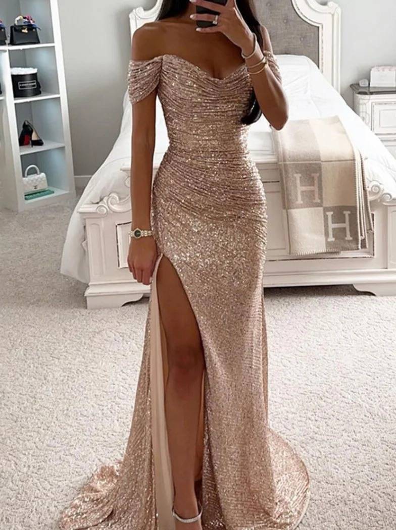 Fudus | Lange Kleid Bustier Glänzende Pailletten Schlitz an der Seite Meerjungfrau Bootsausschnitt Ohne Ärmel Damen Elegant Abend Zeremonie