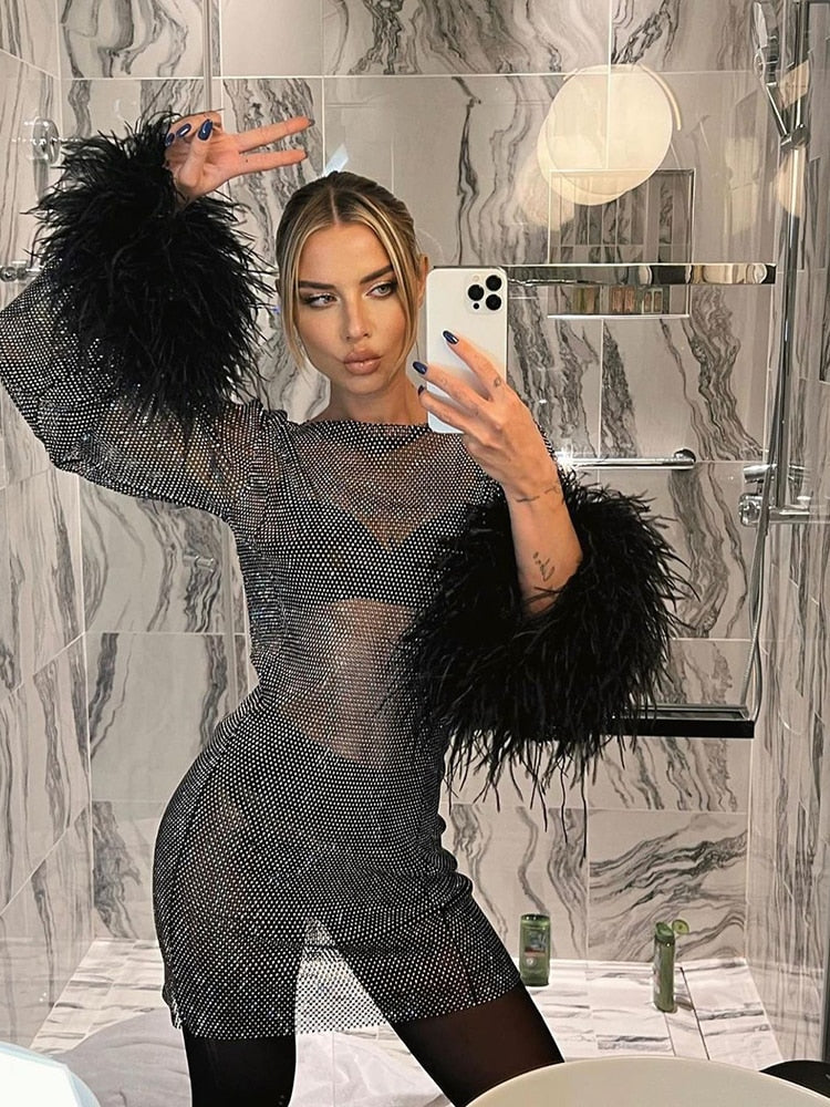 Mini Kleid Metallic Sheer Cuff Feder