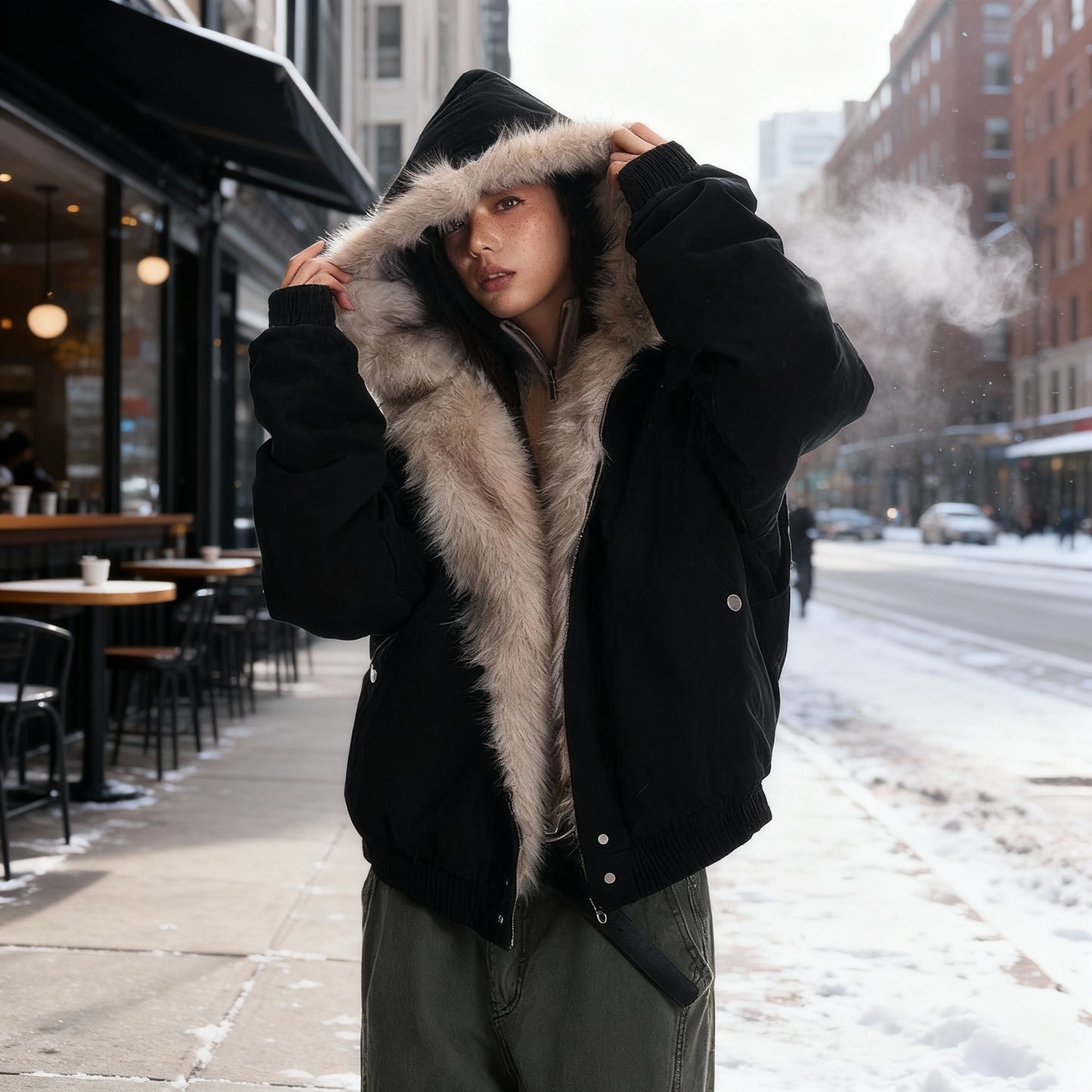 Thermo Wintermode Gefütterte Moderne Kapuzenfell Sport Winterjacke Damen