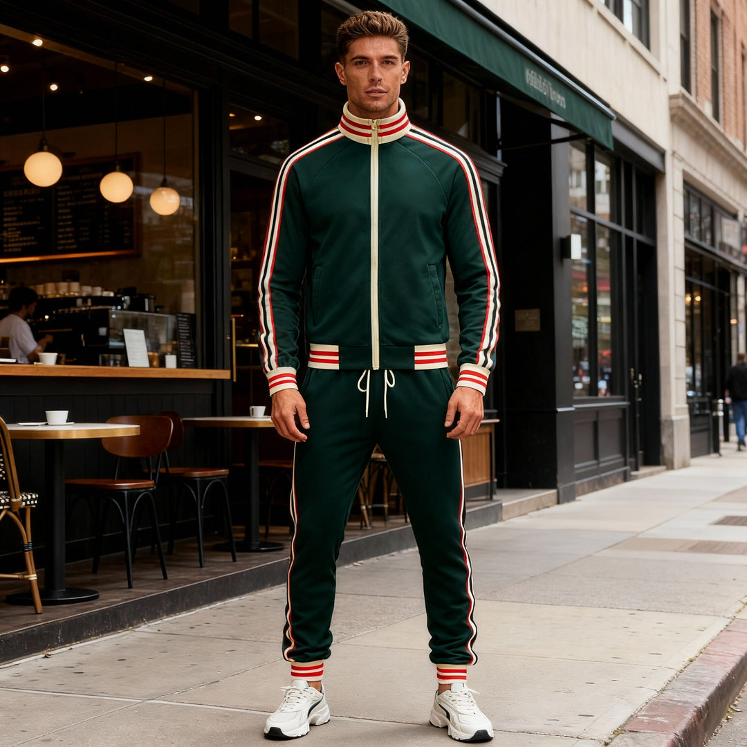 Herren Trainingsanzug Set Gestreift Sporthose Reißverschluss Polyester