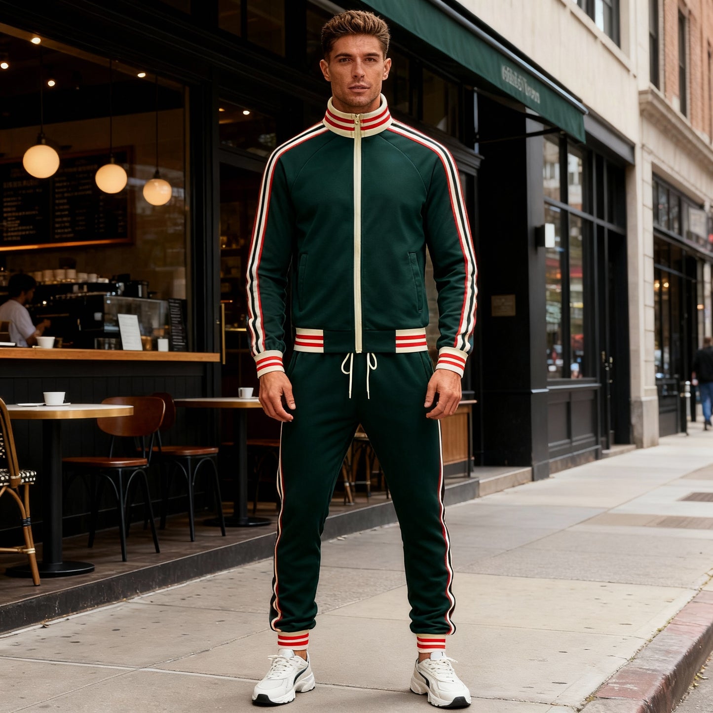 Herren Trainingsanzug Set Gestreift Sporthose Reißverschluss Polyester