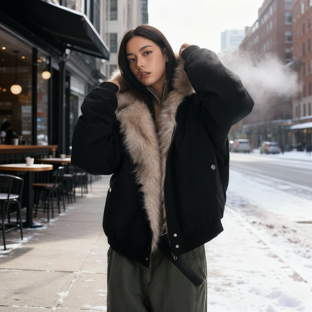 Thermo Wintermode Gefütterte Moderne Kapuzenfell Sport Winterjacke Damen