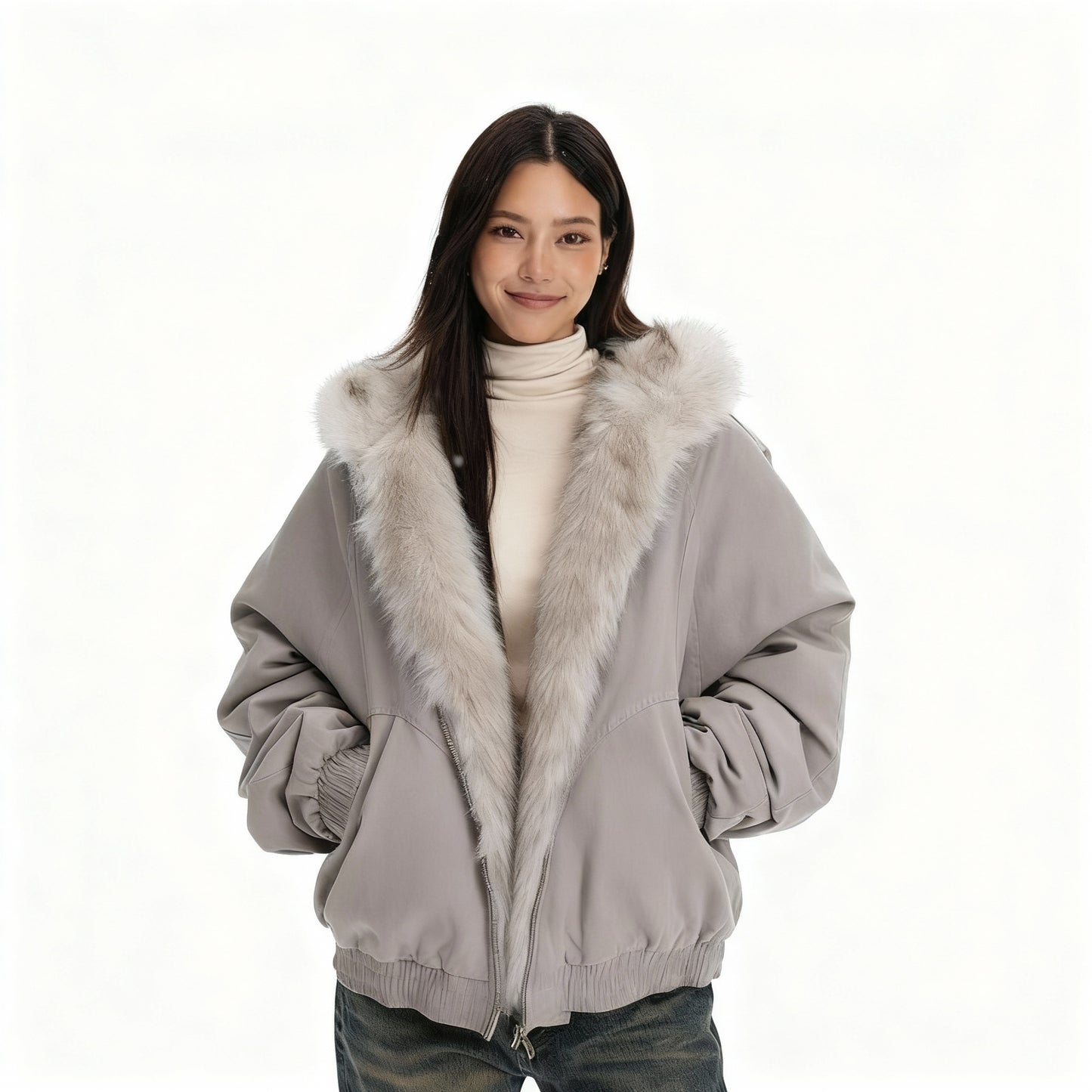 Thermo Wintermode Stilvolle Gefütterte Abnehmbare Fellkragen Sport Damen Winterjacke