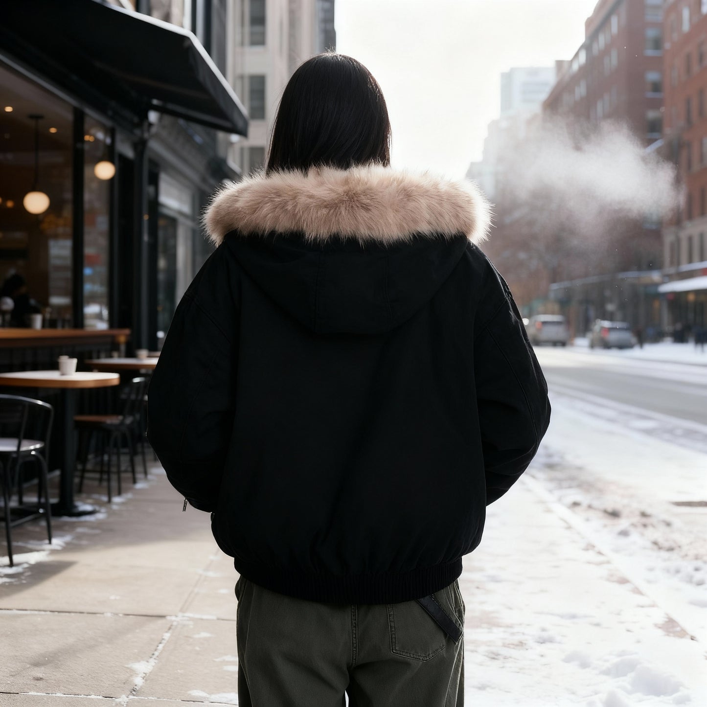 Thermo Wintermode Gefütterte Moderne Kapuzenfell Sport Winterjacke Damen