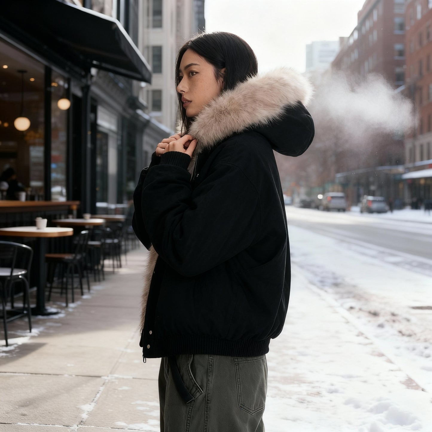 Thermo Wintermode Gefütterte Moderne Kapuzenfell Sport Winterjacke Damen