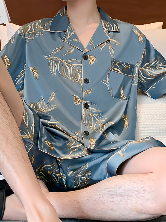 Herren Sommer Eis Seide Pyjama Satz Mit Blumen Und Blättern Druck