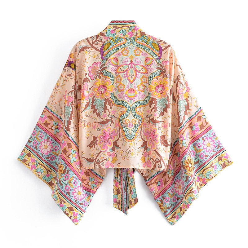 Damen Boho Blumen Print Kurzer Kimono