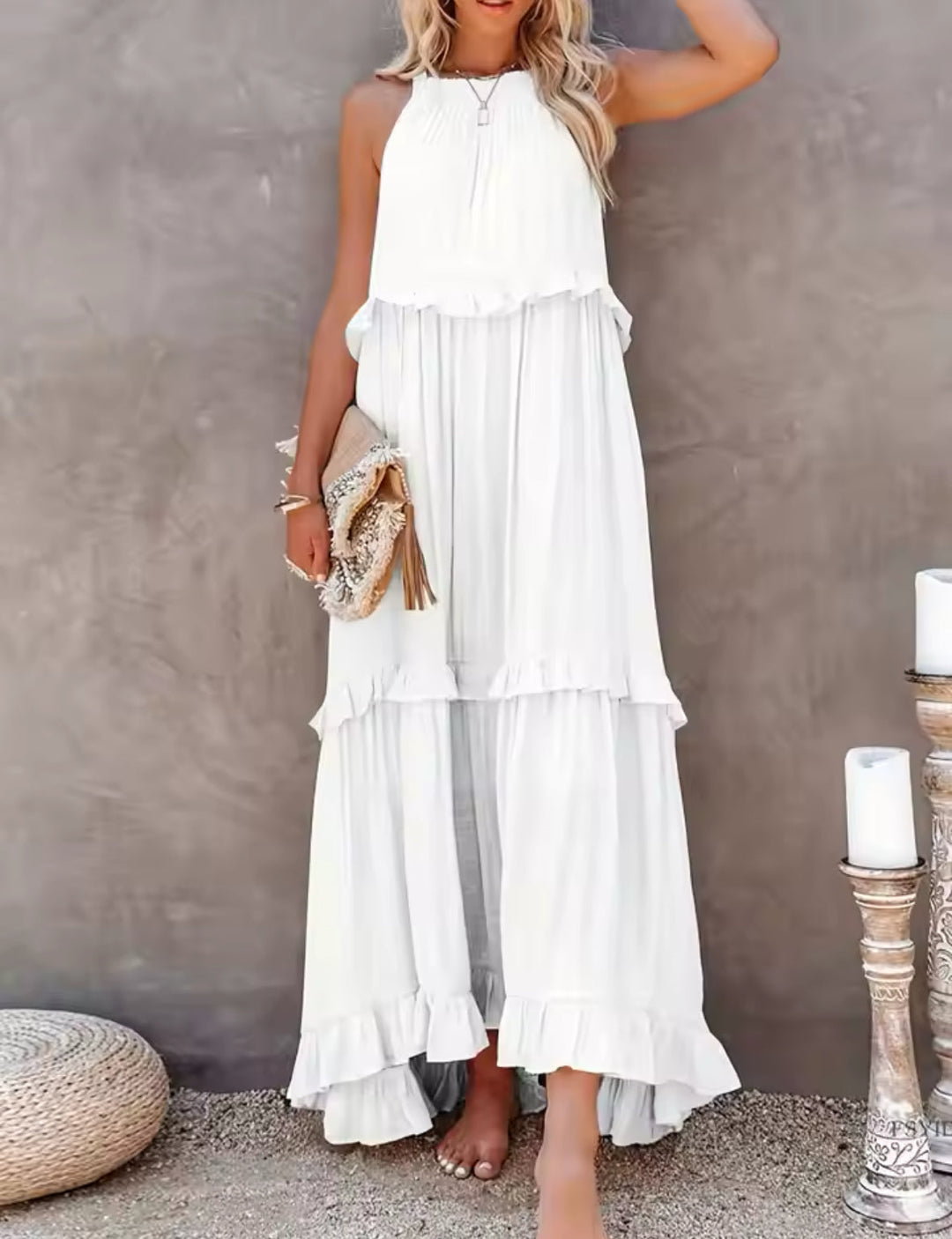 Damen Sommerkleid Ärmellos Bauchabdeckung Atmungsaktiv Rüschen