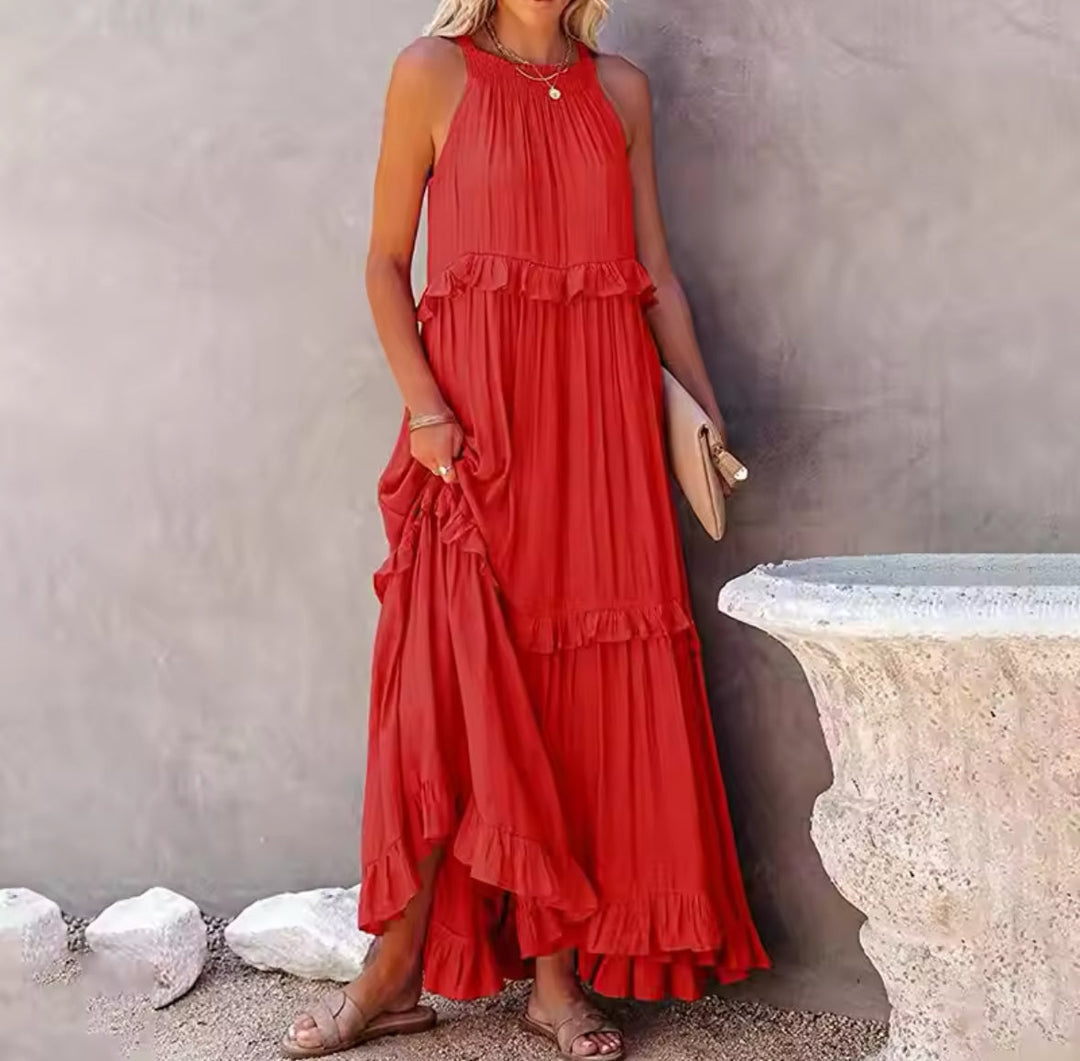 Damen Sommerkleid Ärmellos Bauchabdeckung Atmungsaktiv Rüschen