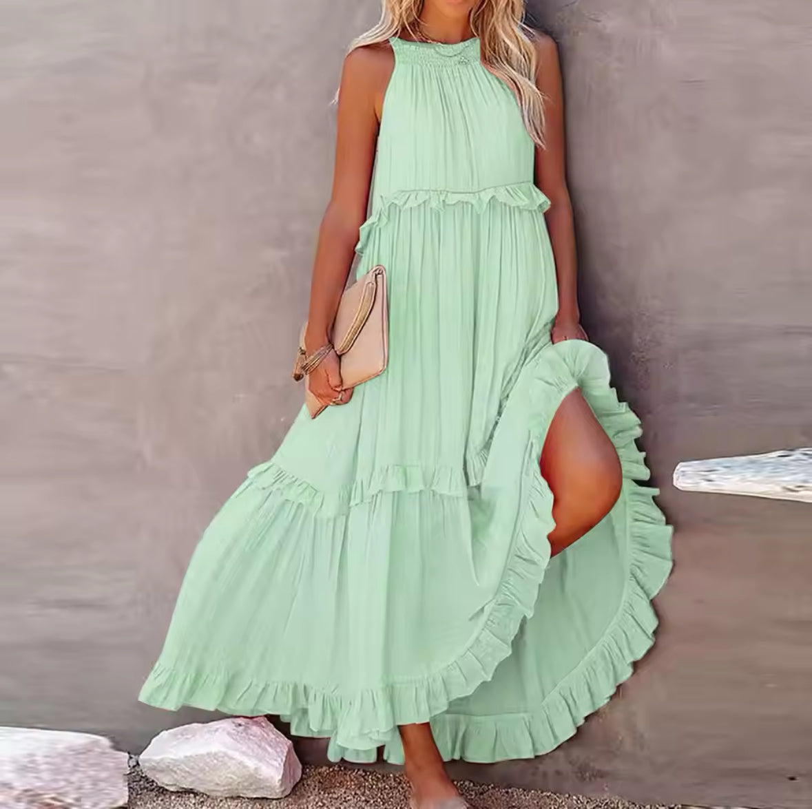 Damen Sommerkleid Ärmellos Bauchabdeckung Atmungsaktiv Rüschen
