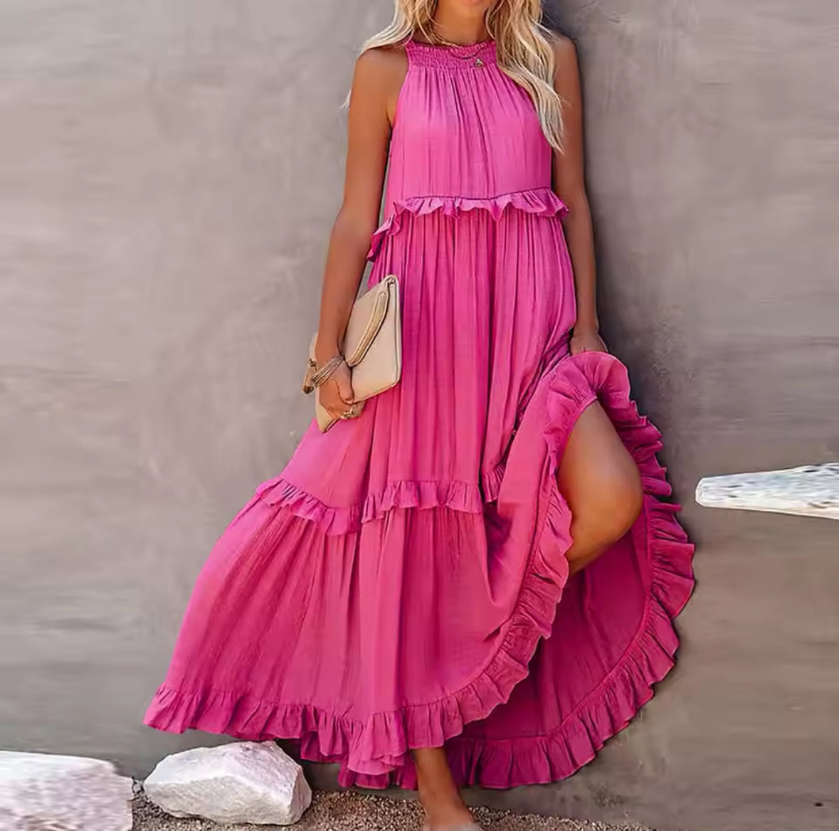 Damen Sommerkleid Ärmellos Bauchabdeckung Atmungsaktiv Rüschen