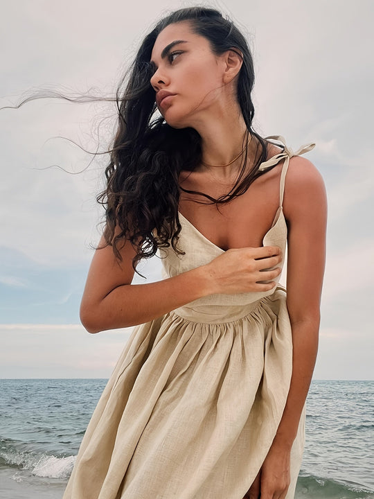 Damen Boho Maxi Sommerkleid mit Offenem Rücken und Schleifen Trägern