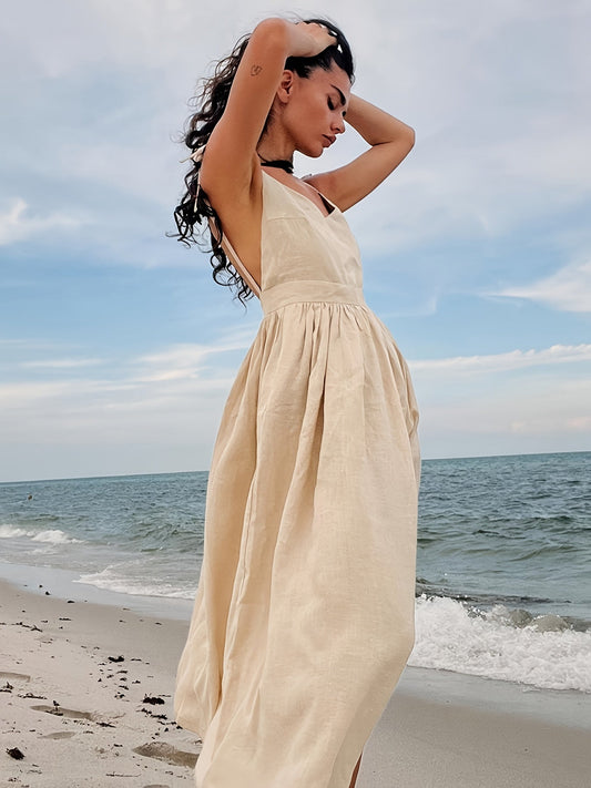 Damen Boho Maxi Sommerkleid mit Offenem Rücken und Schleifen Trägern