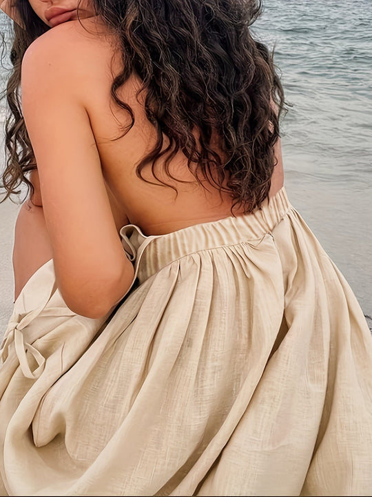 Damen Boho Maxi Sommerkleid mit Offenem Rücken und Schleifen Trägern