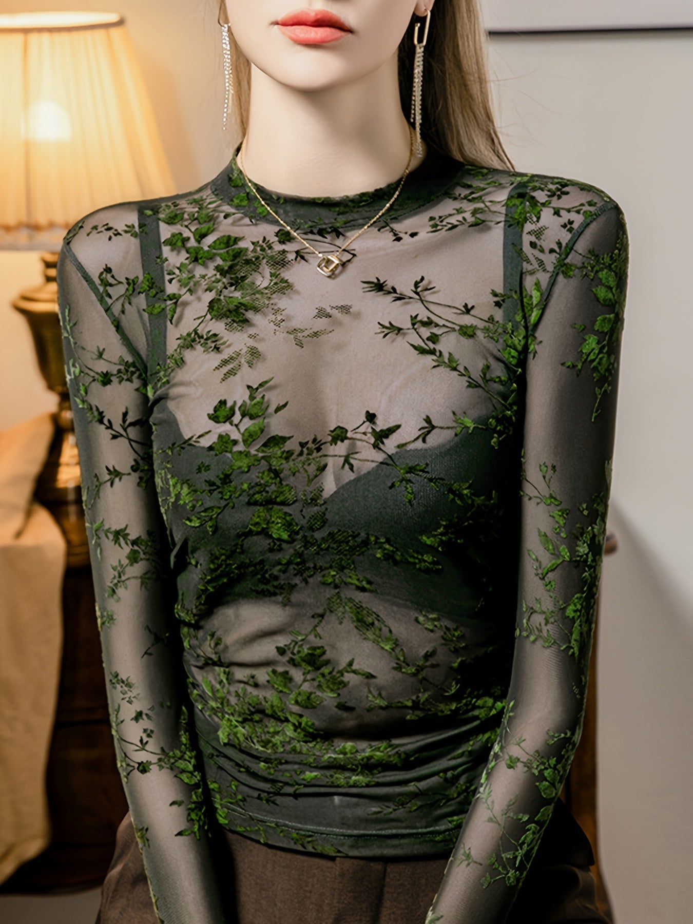 Fudus | Transparente Mesh Bluse Mit Blumenmuster Und Langen Ärmeln