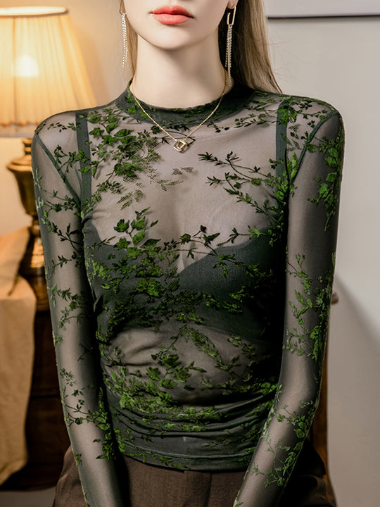 Damen Transparente Mesh Bluse Mit Blumenmuster Ärmeln